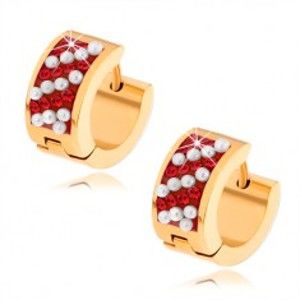 Šperky eshop - Oceľové náušnice zlatej farby, rubínovo červené zirkóny, biele guličky S86.18