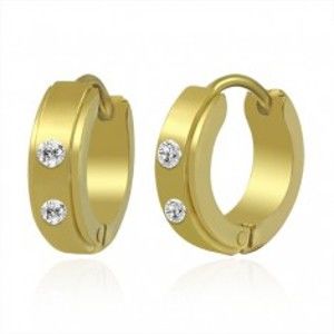 Šperky eshop - Oceľové náušnice zlatej farby s vystúpeným stredovým pásom, číre zirkóny R1.6