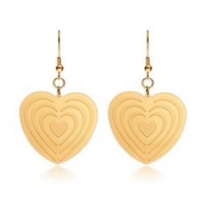 Šperky eshop - Oceľové náušnice zlatej farby, symetrické srdcia so zárezmi S28.18