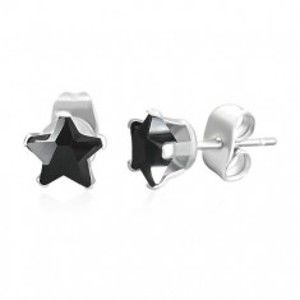 Šperky eshop - Oceľové náušničky striebornej farby s čiernou zirkónovou hviezdičkou X12.13