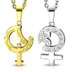 Šperky eshop - Oceľové prívesky pre dvojicu - zlatá a strieborná farba, symboly muža a ženy s ružou S17.17