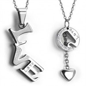 Šperky eshop - Oceľové prívesky pre pár - rozdelený nápis "LOVE", srdiečko na retiazke, zirkóny S12.12