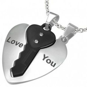 Šperky eshop - Oceľové prívesky pre pár, srdce striebornej farby a čierny kľúčik U22.17