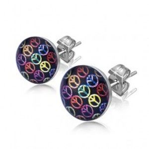 Šperky eshop - Oceľové puzetové náušnice, farebné symboly mieru na čiernom podklade SP47.07