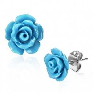 Šperky eshop - Oceľové puzetové náušnice, lesklé modré kvietky ruže AC14.21