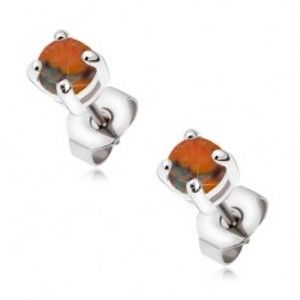 Šperky eshop - Oceľové puzetové náušnice s okrúhlym oranžovým opálom SP06.31