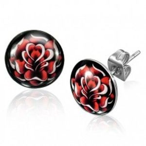 Šperky eshop - Oceľové puzetové náušnice striebornej farby, rozkvitnutá červená ruža SP47.12