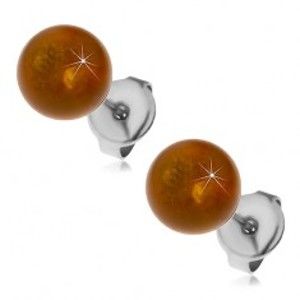 Šperky eshop - Oceľové puzetové náušnice, žltohnedé guličky, 8 mm X08.12