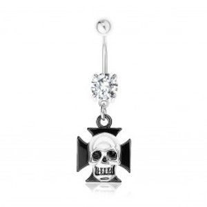 Šperky eshop - Oceľový 316L piercing do pupka, číry zirkón, maltézsky kríž, lebka SP83.12