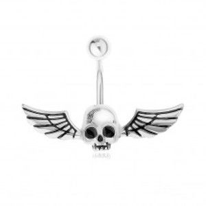 Šperky eshop - Oceľový 316L piercing do pupku, lebka s krídlami svietiaca v tme SP83.28