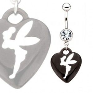 Šperky eshop - Oceľový barbell - zirkón, čierne srdce s bielou vílou AA5.13