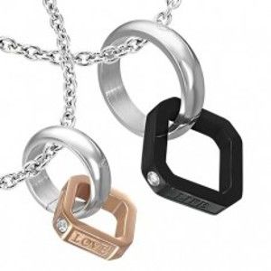 Šperky eshop - Oceľový dvojitý prívesok - obrúčka, medený a čierny štvorček G21.26