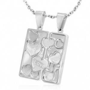Šperky eshop - Oceľový dvojprívesok - gravírovaná tabuľka, obrysové srdcia AA28.24