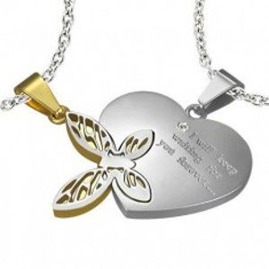 Šperky eshop - Oceľový dvojprívesok, strieborná a zlatá farba, srdce s nápisom, motýlik s výrezmi Z5.17