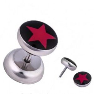 Šperky eshop - Oceľový fake piercing do ucha, červená hviezda, čierny podklad PC30.11