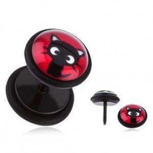 Šperky eshop - Oceľový fake plug do ucha - sediace čierne mačiatko, červený podklad PC28.09