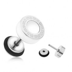 Šperky eshop - Oceľový fake plug do ucha, biely glazúrovaný kruh, grécky kľúč, 8 mm PC01.05