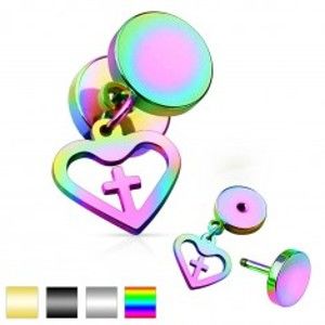 Šperky eshop - Oceľový fake plug, dva lesklé kruhy a prívesok - kontúra srdca s krížom PC37.01/04 - Farba piercing: Zlatá