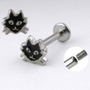 Šperky eshop - Oceľový labret striebornej farby - mačka s čiernou glazúrou C9.8