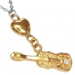 Šperky eshop - Oceľový náhrdelník - retiazka, srdce zlatej farby a gitara so zirkónom AA34.03