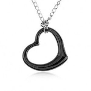 Šperky eshop - Oceľový náhrdelník, čierna keramická kontúra srdca, retiazka striebornej farby SP44.28
