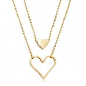 Šperky eshop - Oceľový náhrdelník zlatej farby, malé plné srdiečko, veľký obrys srdca, dve retiazky R01.11