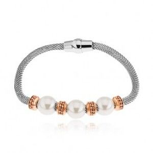 Šperky eshop - Oceľový náramok, kolieska v medenom odtieni, korálky s perleťovým leskom S83.11
