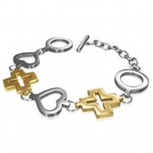 Šperky eshop - Oceľový náramok kruh, srdce a kríž zlatej farby O9.13
