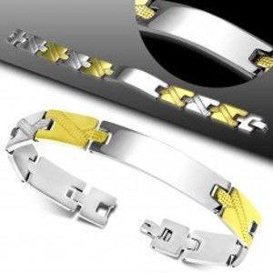 Šperky eshop - Oceľový náramok, lesklá hladká známka, dvojfarebné gravírované Y-články AA28.15