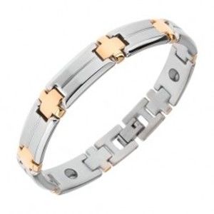 Šperky eshop - Oceľový náramok, matné obdĺžnikové články, lesklé kríže zlatej farby, magnety SP21.09