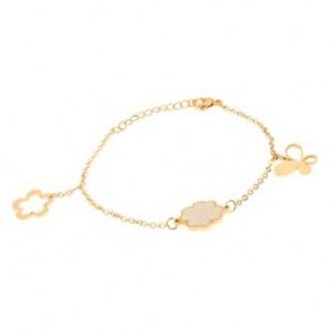 Šperky eshop - Oceľový náramok na ruku zlatej farby, retiazka, motýľ, štvorlístok, kvet S36.08