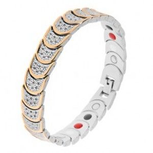 Šperky eshop - Oceľový náramok striebornej a zlatej farby, polkruhy, guličky, magnety SP33.22