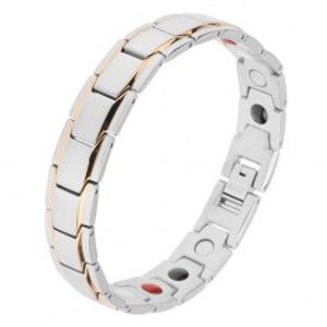 Šperky eshop - Oceľový náramok striebornej farby, "Y" články s pásikmi v zlatom odtieni, magnety SP16.15