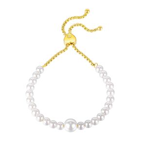 Oceľový náramok v zlatej farbe - perleťovo biele korálky, číry zirkónik, posuvné zapínanie