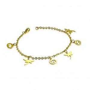 Šperky eshop - Oceľový náramok v zlatom farebnom odtieni - vážky a vyrezávané tekvice S35.30