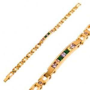 Šperky eshop - Oceľový náramok v zlatom odtieni, úzka známka a farebné zirkóny AA46.25