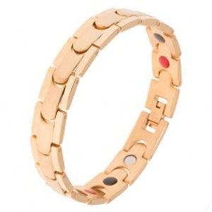 Šperky eshop - Oceľový náramok, zlatá farba, lesklé pásy a matný stredový pruh, magnety SP30.16