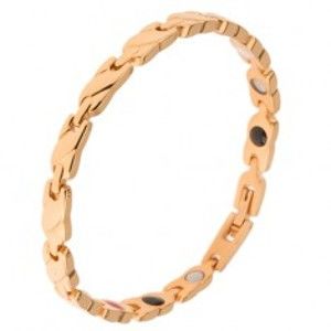 Šperky eshop - Oceľový náramok zlatej farby, články s vyvýšeným šikmým pásom, magnety SP29.03