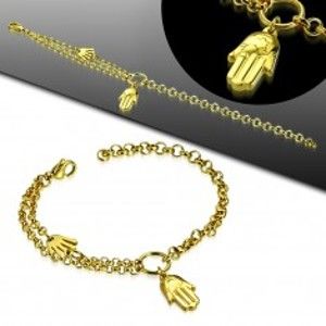 Šperky eshop - Oceľový náramok zlatej farby, dve ruky Fatimy, kruh a dvojitá retiazka AA19.23