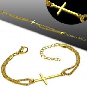 Šperky eshop - Oceľový náramok zlatej farby, lesklý latinský kríž a dvojitá retiazka AA22.24