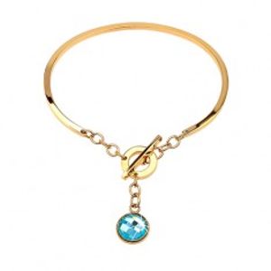 Šperky eshop - Oceľový náramok zlatej farby, neúplný ovál s visiacim modrým zirkónom AA36.11