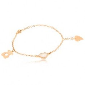 Šperky eshop - Oceľový náramok zlatej farby, perleťové pery, vyrezávaný macko, srdce S54.10
