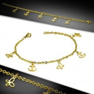 Šperky eshop - Oceľový náramok zlatej farby, retiazka z oválnych očiek, kotvy a motýle AA03.18