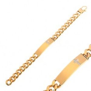 Šperky eshop - Oceľový náramok zlatej farby s čírym zirkónovým krížom na platničke AA35.31