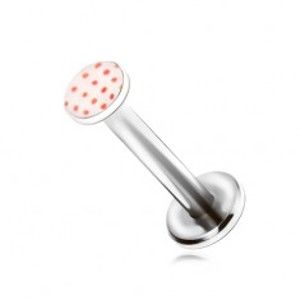 Šperky eshop - Oceľový piercing do brady, malé červené fliačiky na bielom podklade W30.08