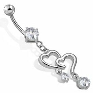Šperky eshop - Oceľový piercing do brucha - dve kontúry srdiečok s visiacimi zirkónmi E2.15