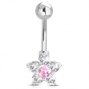 Šperky eshop - Oceľový piercing do brucha - guľôčka, ružovo-číry zirkónový kvet W24.28