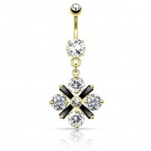 Šperky eshop - Oceľový piercing do brucha - zirkónový kvet s čiernym krížom uprostred W18.08