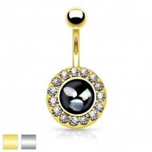 Šperky eshop - Oceľový piercing do brucha, čierny kruh s kúskami perlete, zirkónový lem AB32.16 - Farba piercing: Zlatá