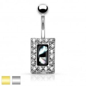 Šperky eshop - Oceľový piercing do brucha, čierny obdĺžnik s kúskami perlete, zirkónový lem AB32.06 - Farba piercing: Strieborná